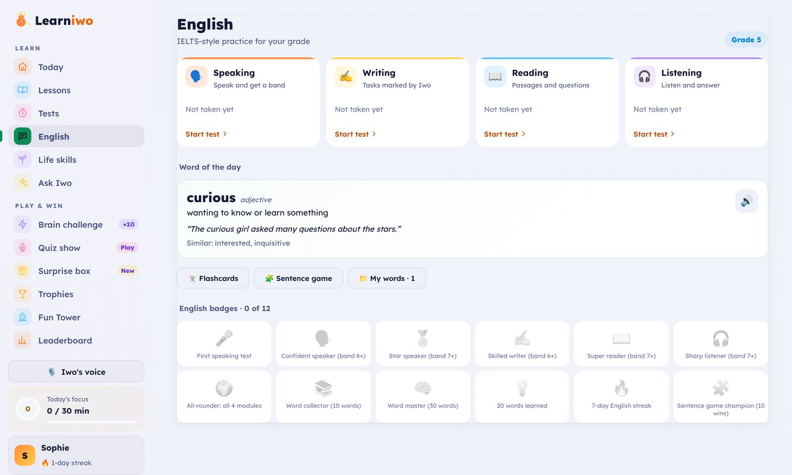 English practice: speaking, writing, reading and listening, with the word of the day