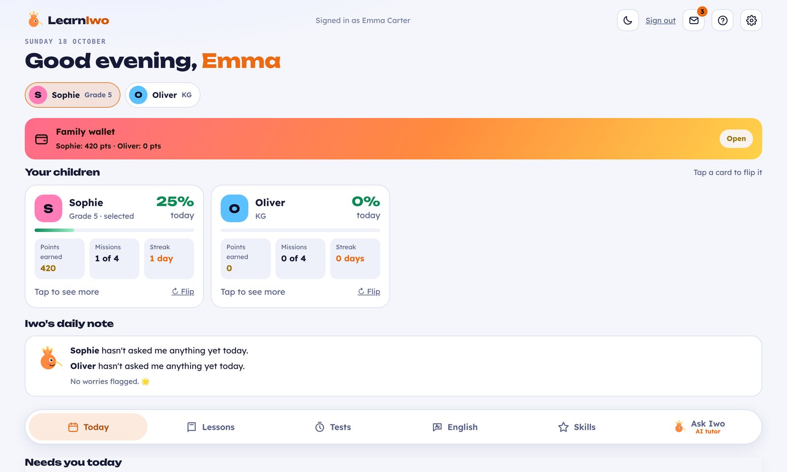 The Learniwo parent dashboard: each child's progress today, the family wallet and Iwo's daily note