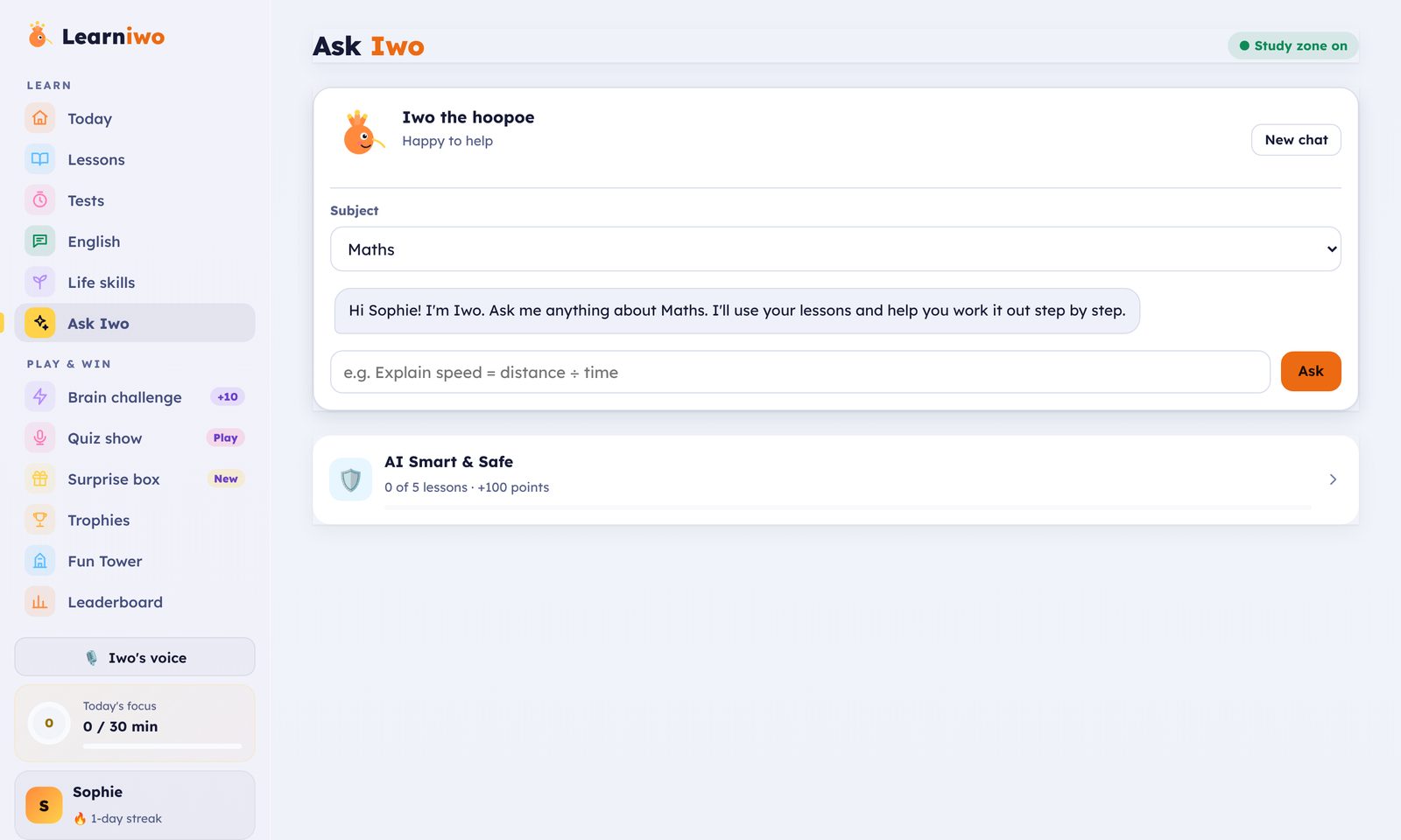 Ask Iwo with the study zone on, and the AI Smart and Safe course